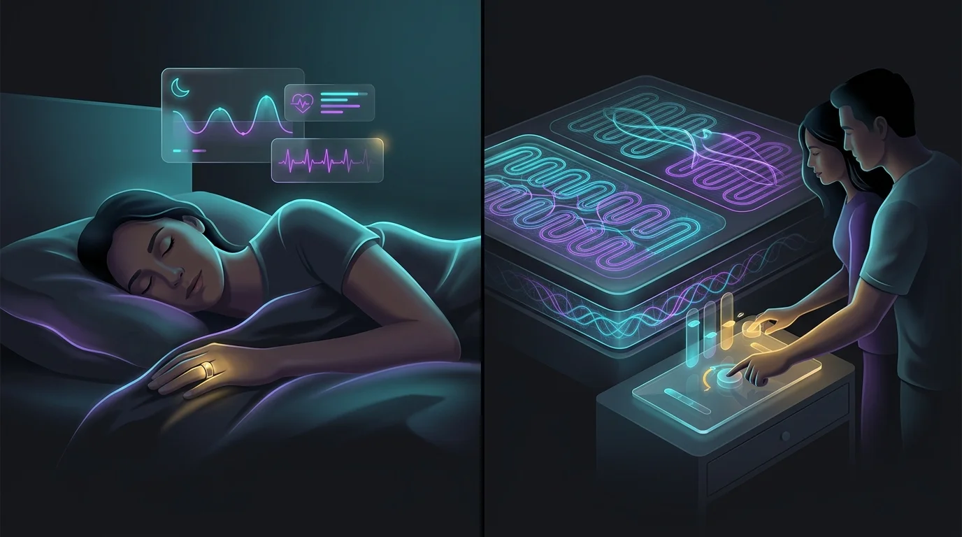 Oura Ring user sleeping in a calm room next to a couple using a smart mattress for temperature control.