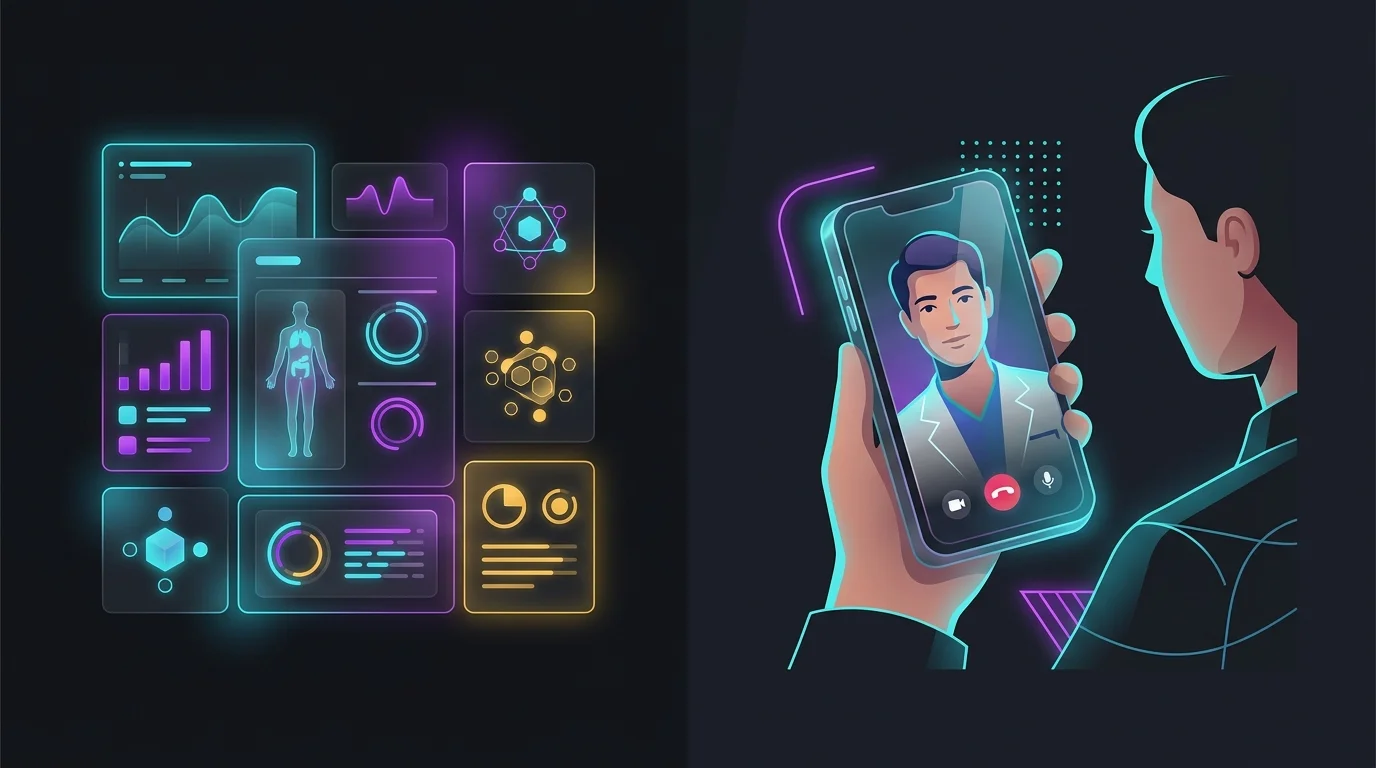 K Health AI interface displaying medical data alongside a patient video-calling a licensed clinician.