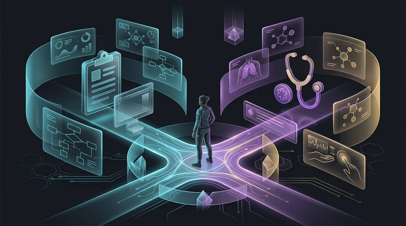 Person at a crossroads choosing between triage clipboard and clinical stethoscope for their AI symptom checker needs.
