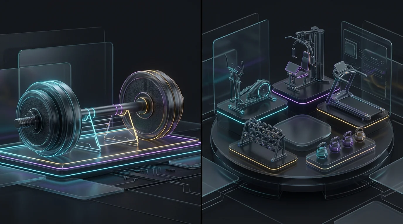 Barbell versus varied gym equipment representing Dr. Muscle prescriptive routines versus Fitbod adaptive AI training.