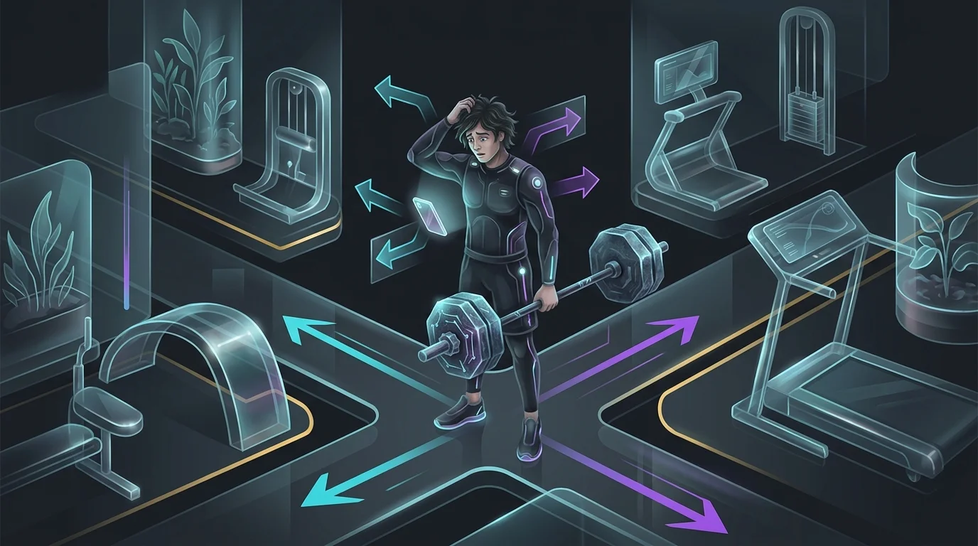 Confused gym user holding a smartphone and barbell, highlighting the flexibility limitations of AI fitness apps.