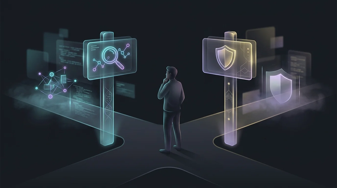 Person at a crossroads choosing between data analysis and privacy features in a period tracker app.