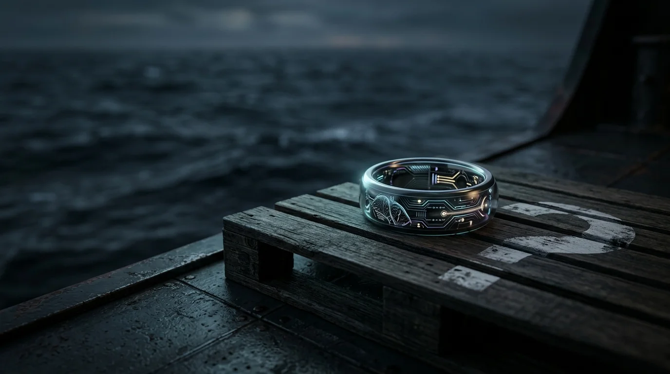Smart ring on a cargo pallet representing the shipping risks of choosing a budget Oura Ring alternative.