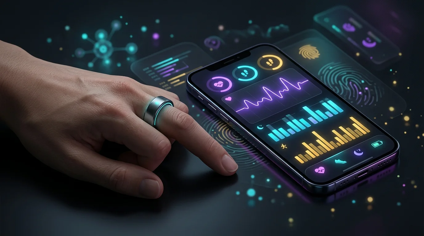 Samsung Galaxy Ring on a finger next to a smartphone displaying health tracking data as an Oura Ring alternative.