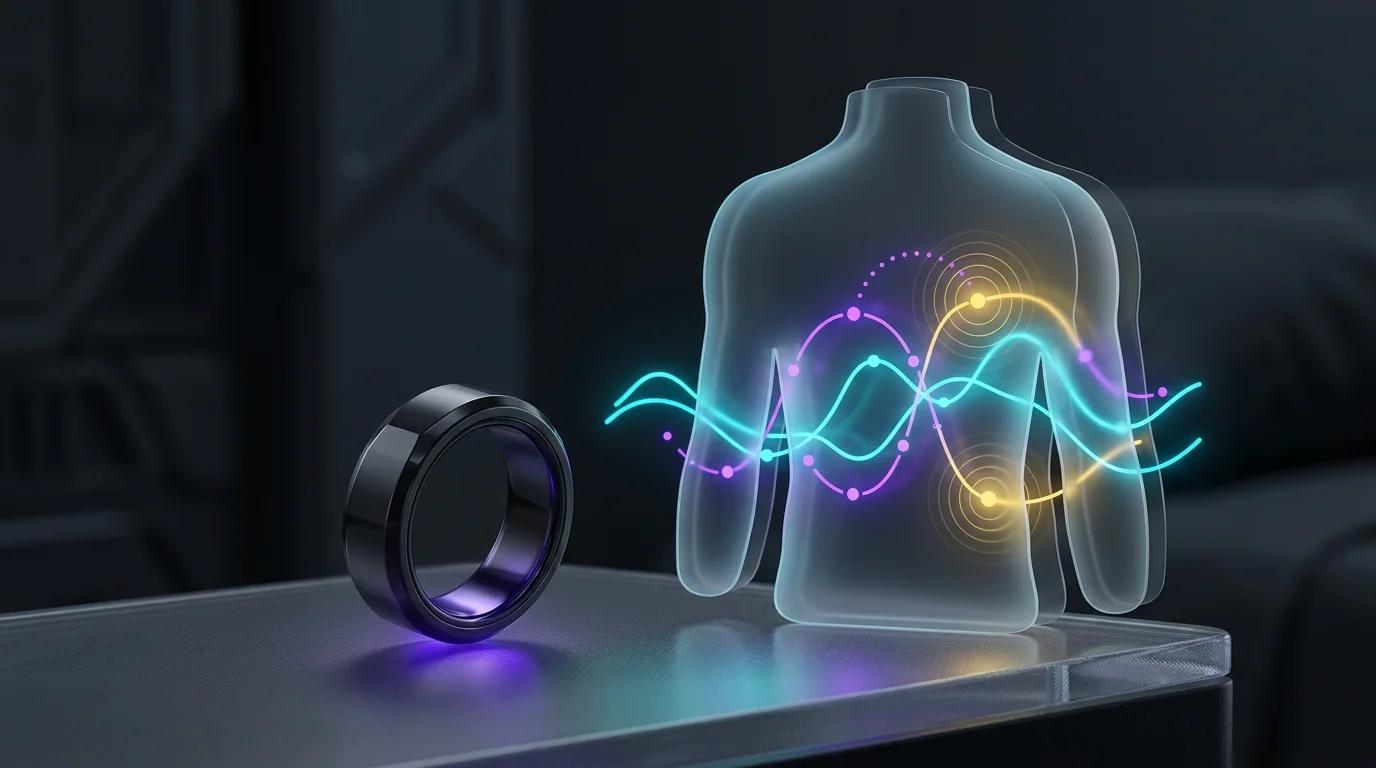 Ultrahuman Ring AIR on a bedside table beside a digital metabolic health visualization for recovery tracking.