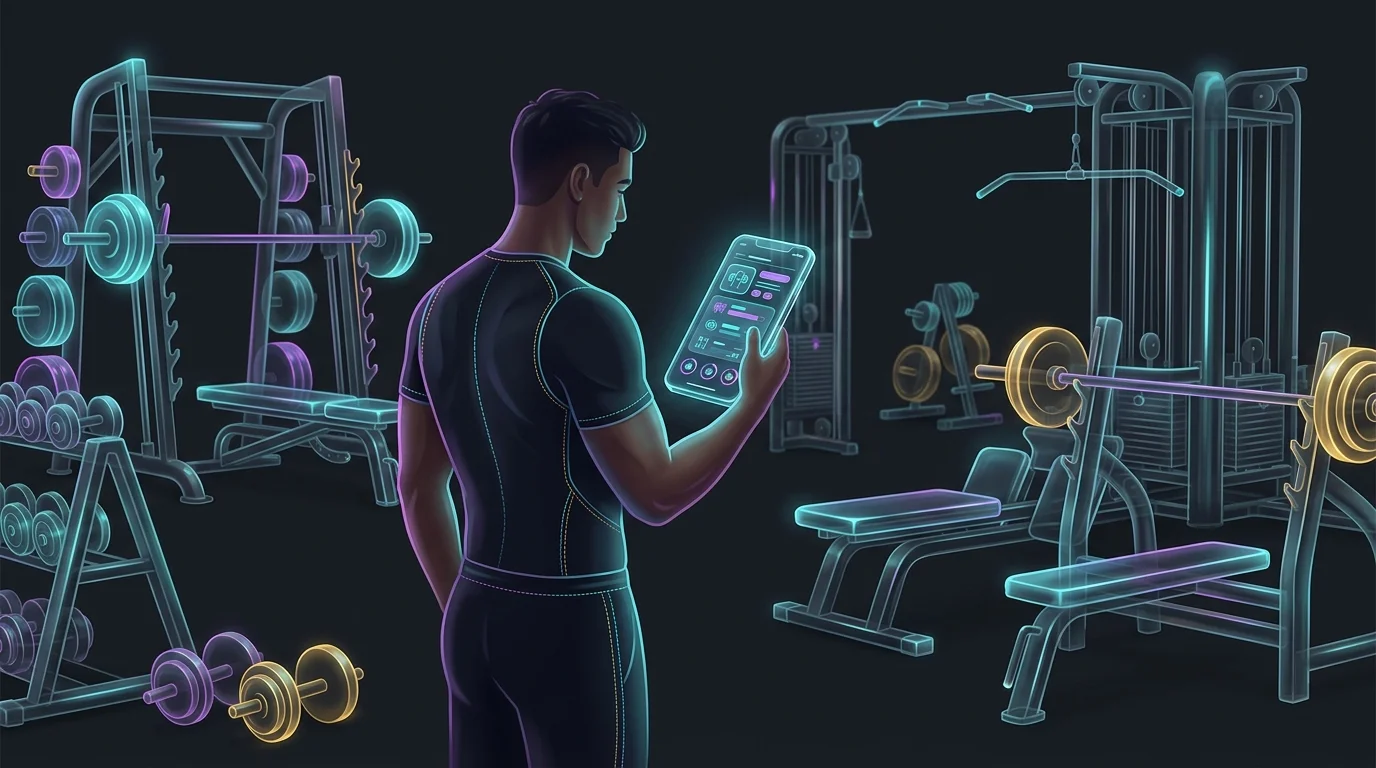 Person holding a smartphone with a structured workout plan in a gym, a top Fitbod alternative for strength training.