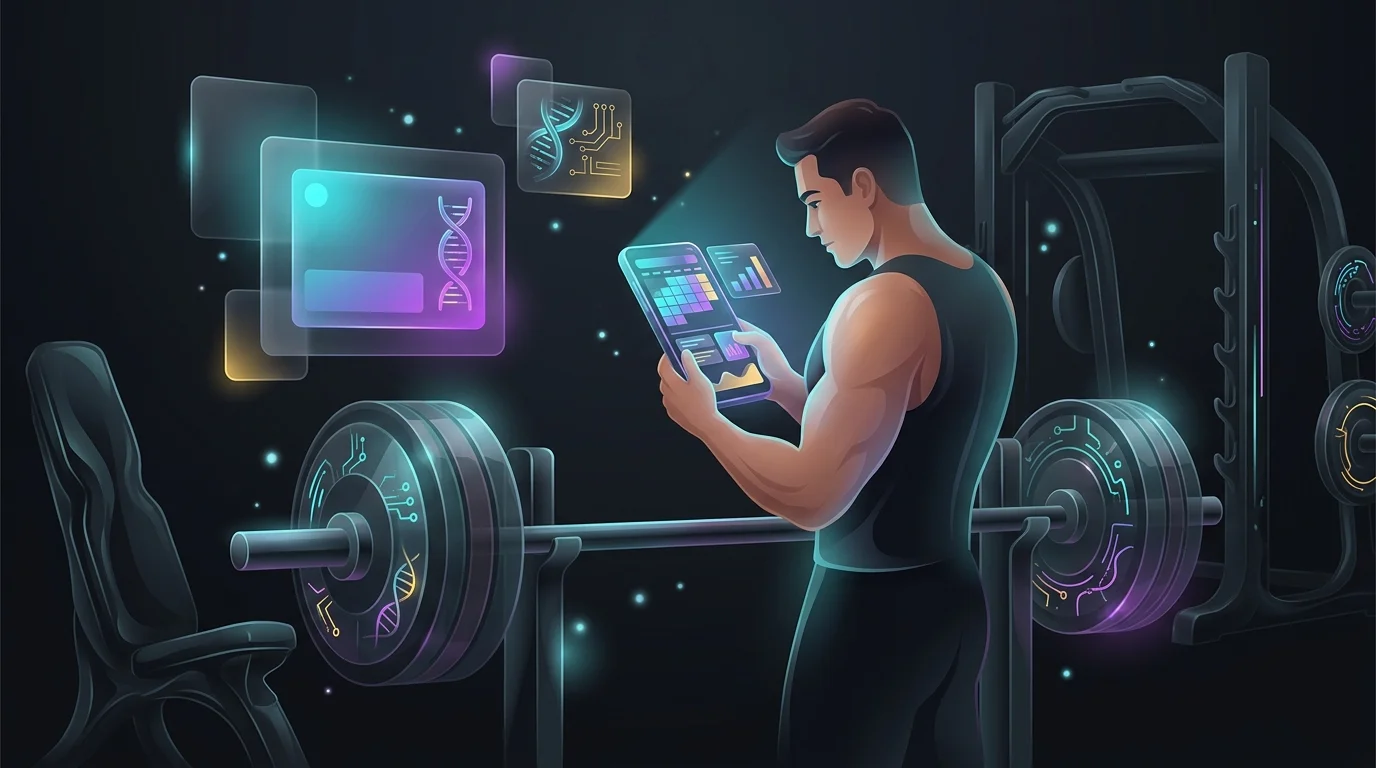 Weightlifter viewing a structured AI workout plan on a smartphone for smarter lifting in the gym.