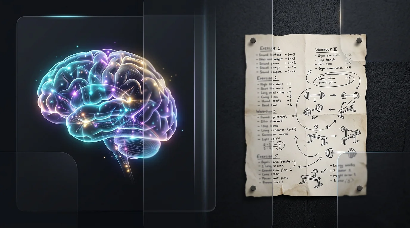 Split screen showing a glowing AI brain versus a handwritten paper workout plan for smarter lifting.