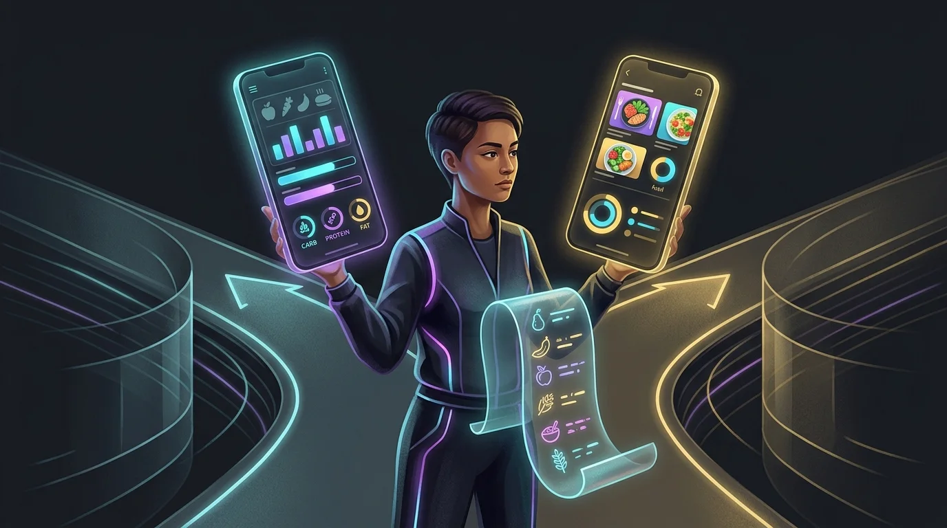 Person at a crossroads comparing smartphone nutrition app interfaces for adaptive calorie tracking.