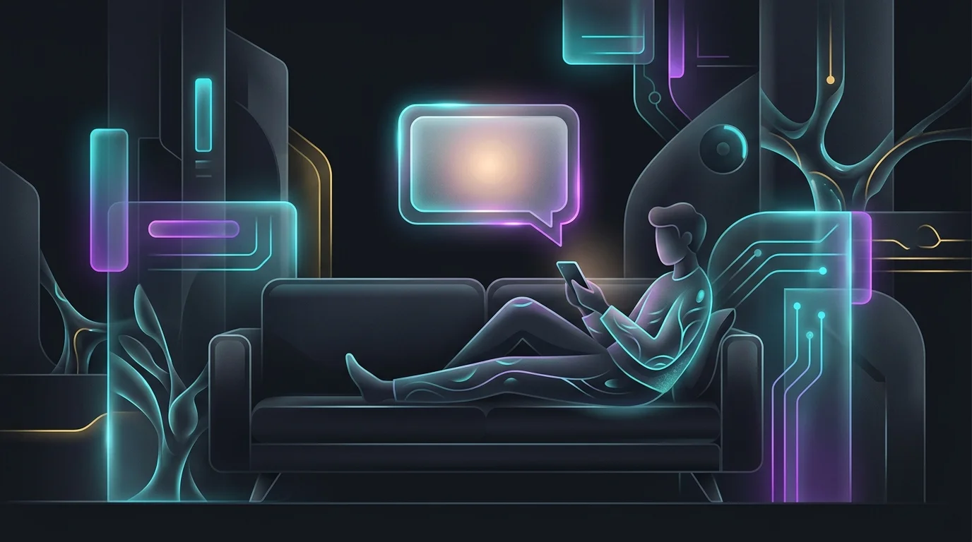 Person sitting on a couch using their smartphone for text-based therapy on the Calmerry platform.