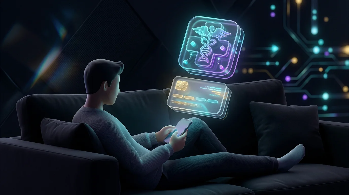 Person using Talkspace app on smartphone with floating insurance card and medical icon representing therapy coverage.