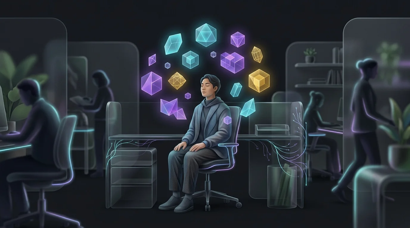 Person meditating in a busy office surrounded by glowing shapes representing Headspace mental clarity.