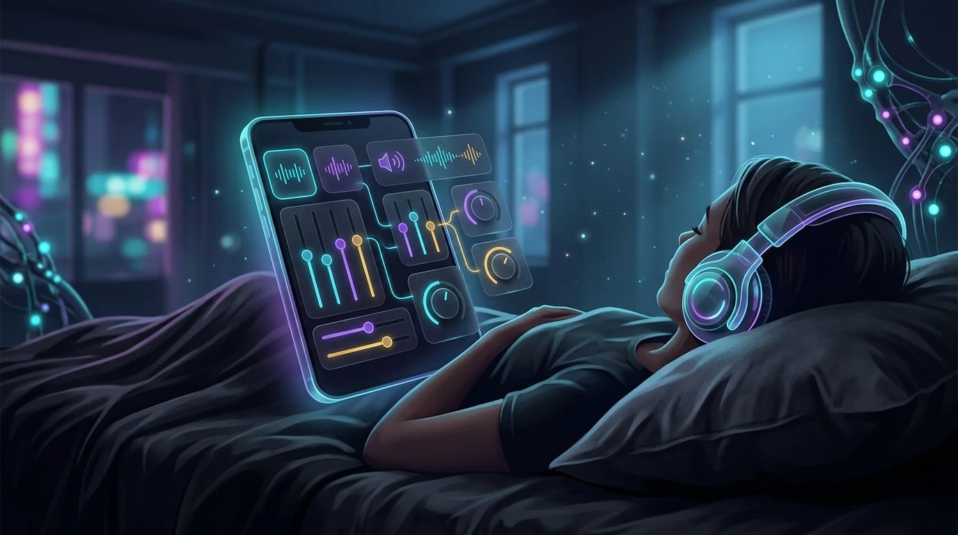 Person using BetterSleep app on a smartphone with headphones to mix soothing soundscapes for better rest.