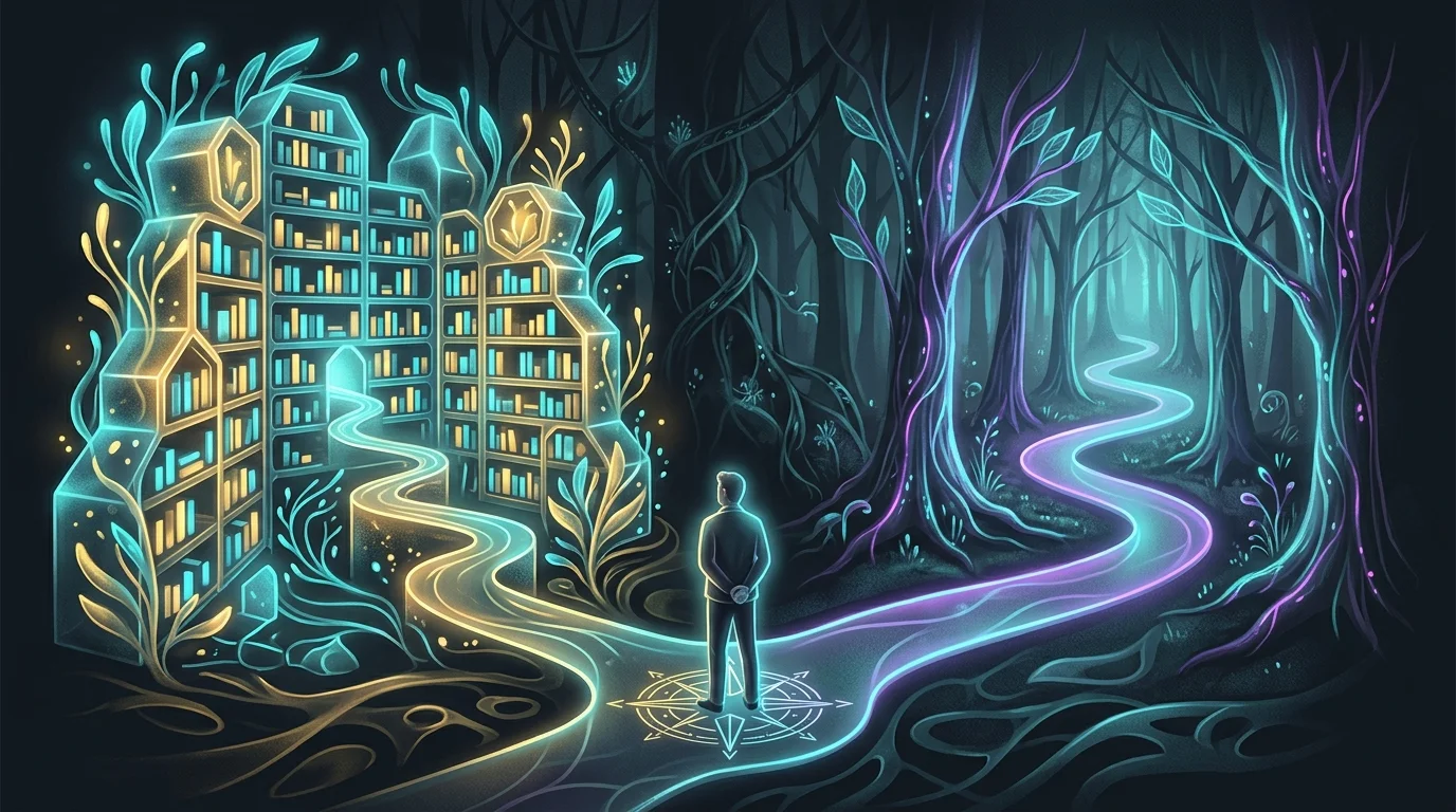Person at a fork choosing between a vast library and a guided path to illustrate adaptive versus fixed meditation apps.