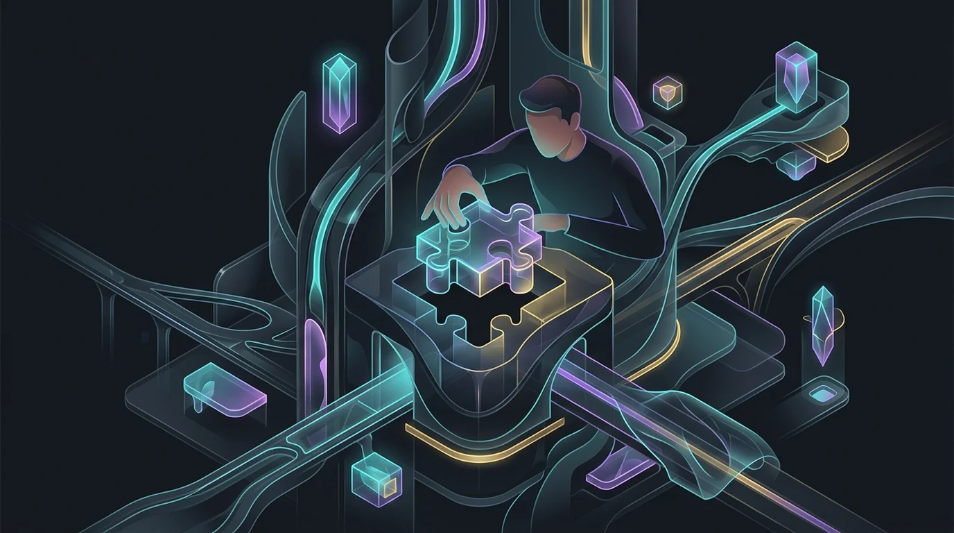 Person assembling a glowing, personalized digital structure, representing the adaptive curriculum of Balance app.