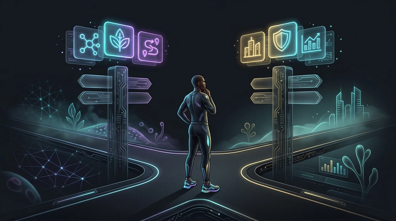 Runner at a path fork choosing between digital navigation icons for their ideal AI run coaching platform.