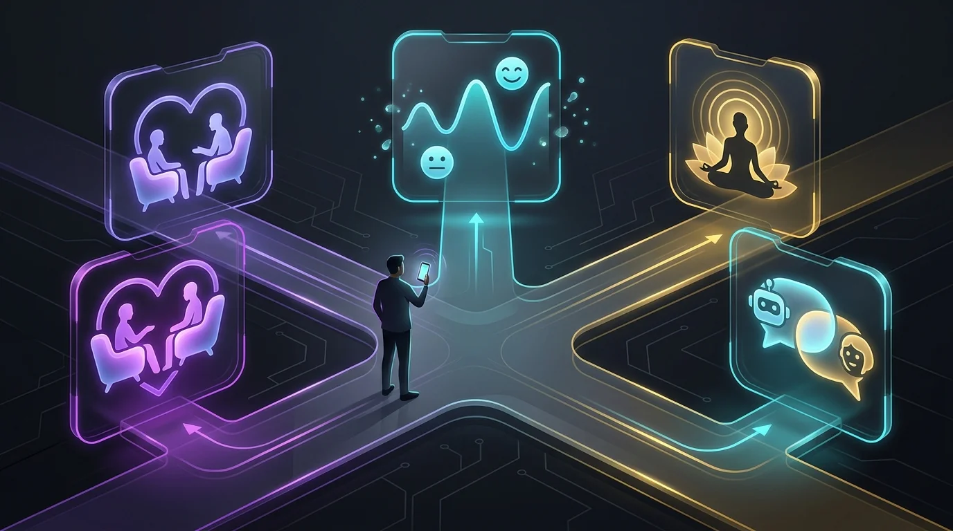 Person holding a smartphone at a crossroads choosing between different mental health app features for their needs.