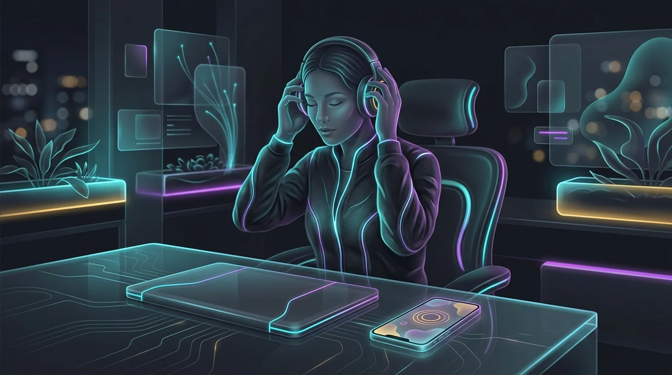 Person sitting at a desk putting on headphones to use a stress recovery app for relaxation.