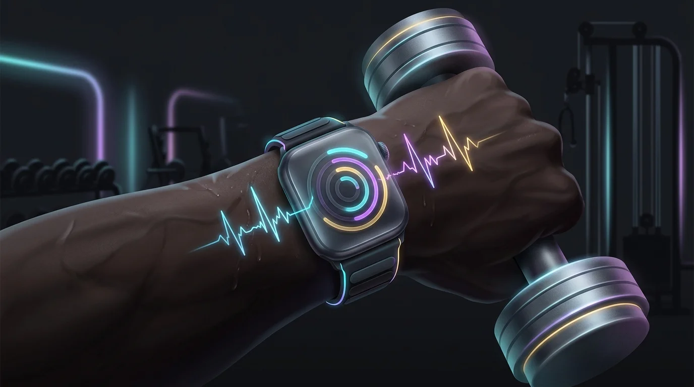 Apple Watch displaying a dynamic heart rate and rest timer during a Fitbod AI fitness workout.