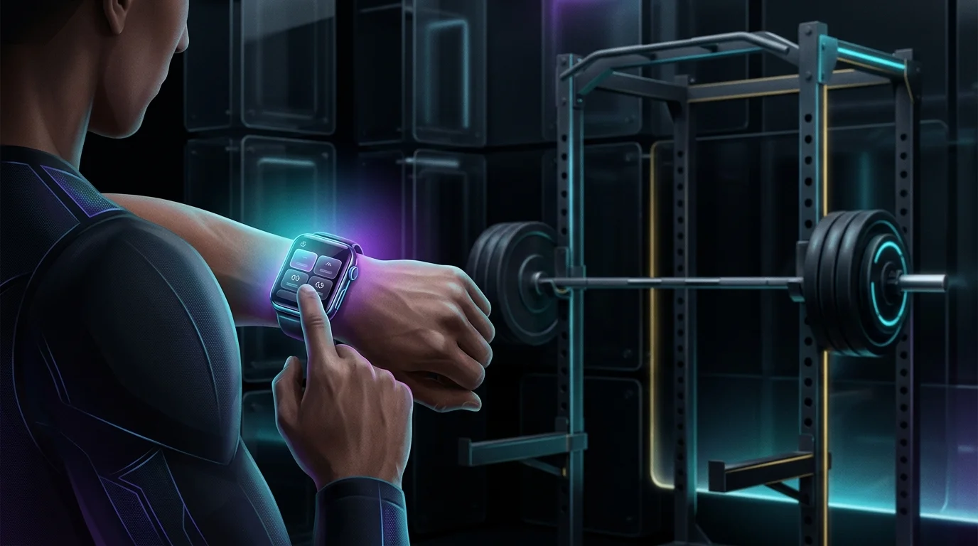 Weightlifter logging sets on an Apple Watch using the Hevy AI fitness app interface.