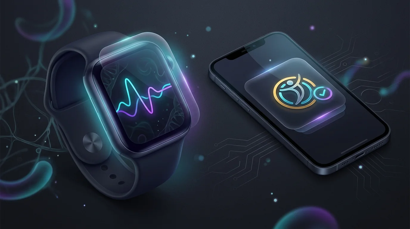 Apple Watch displaying live heart rate data alongside a smartphone showing a completed AI fitness app workout summary.