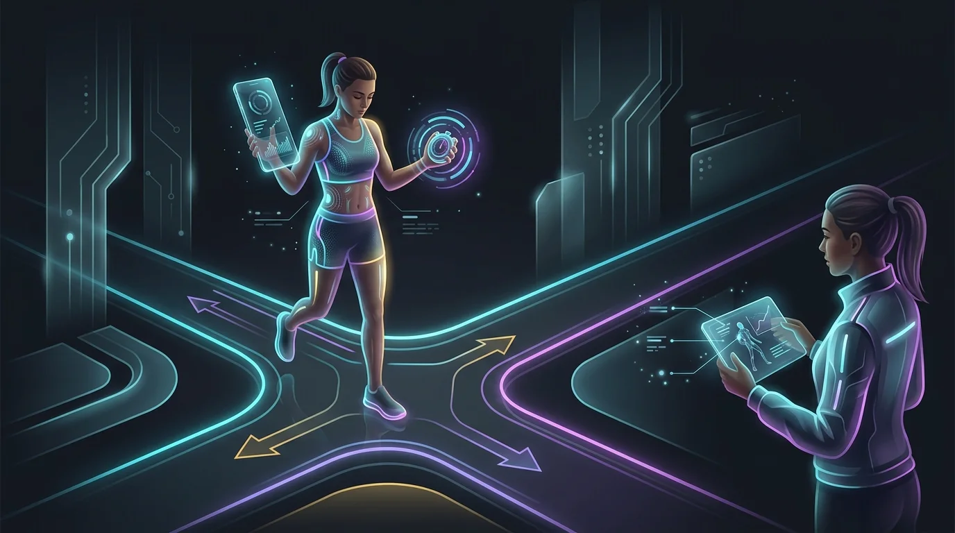 Runner at a crossroads holding a smartphone and stopwatch while a human coach analyzes their form for AI fitness apps.
