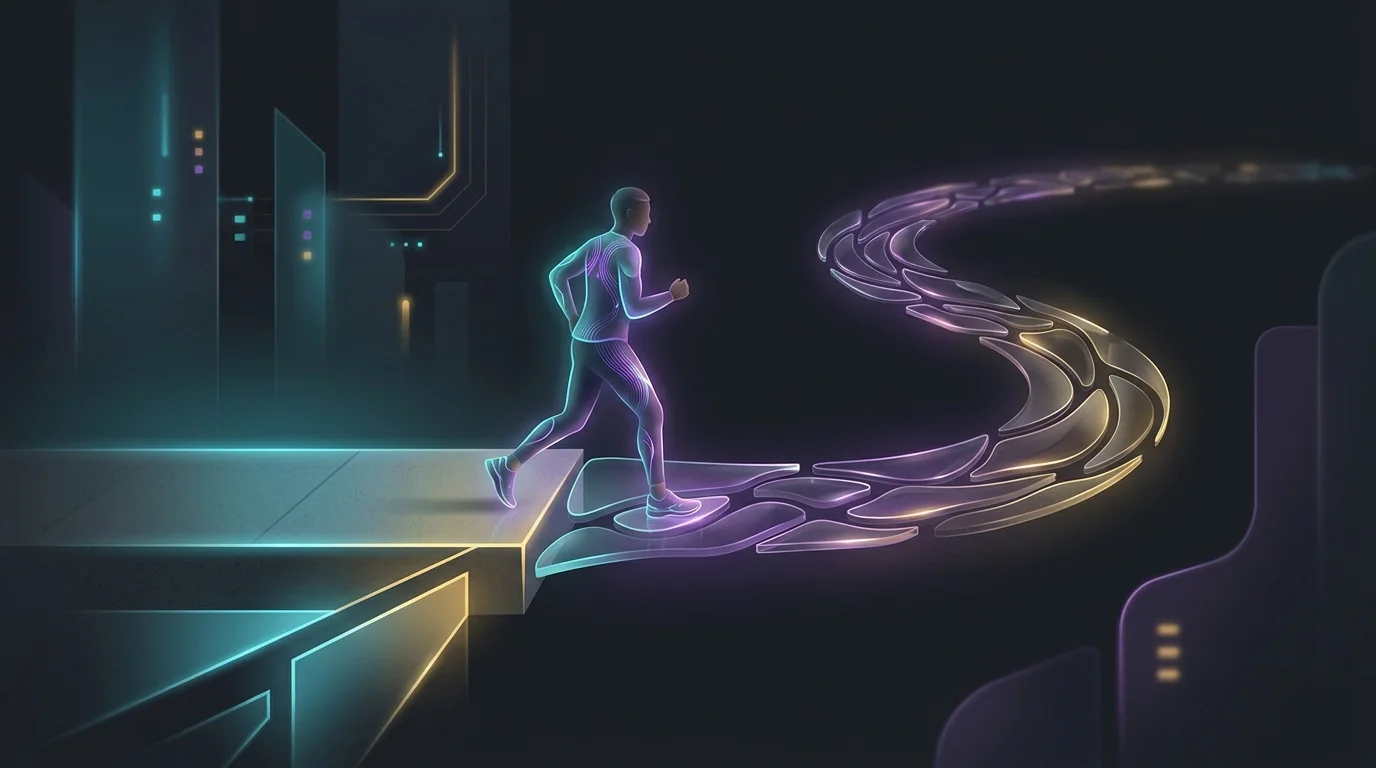 Runner on a path where a rigid concrete line becomes a flexible trail, illustrating adaptive AI fitness app training.