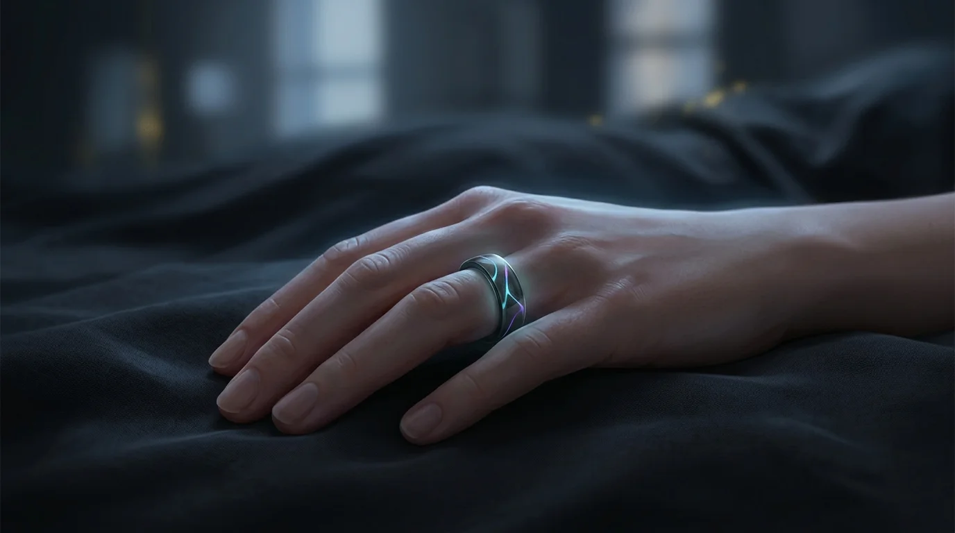 Sleek Oura Ring worn on a finger to track sleep data and heart rate variability while resting.
