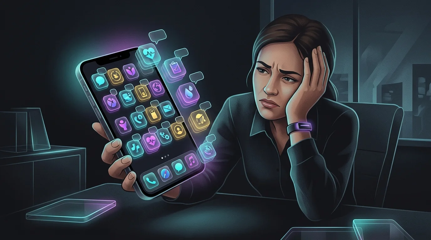 Frustrated professional overwhelmed by wellness app notifications while ignoring a wearable device.