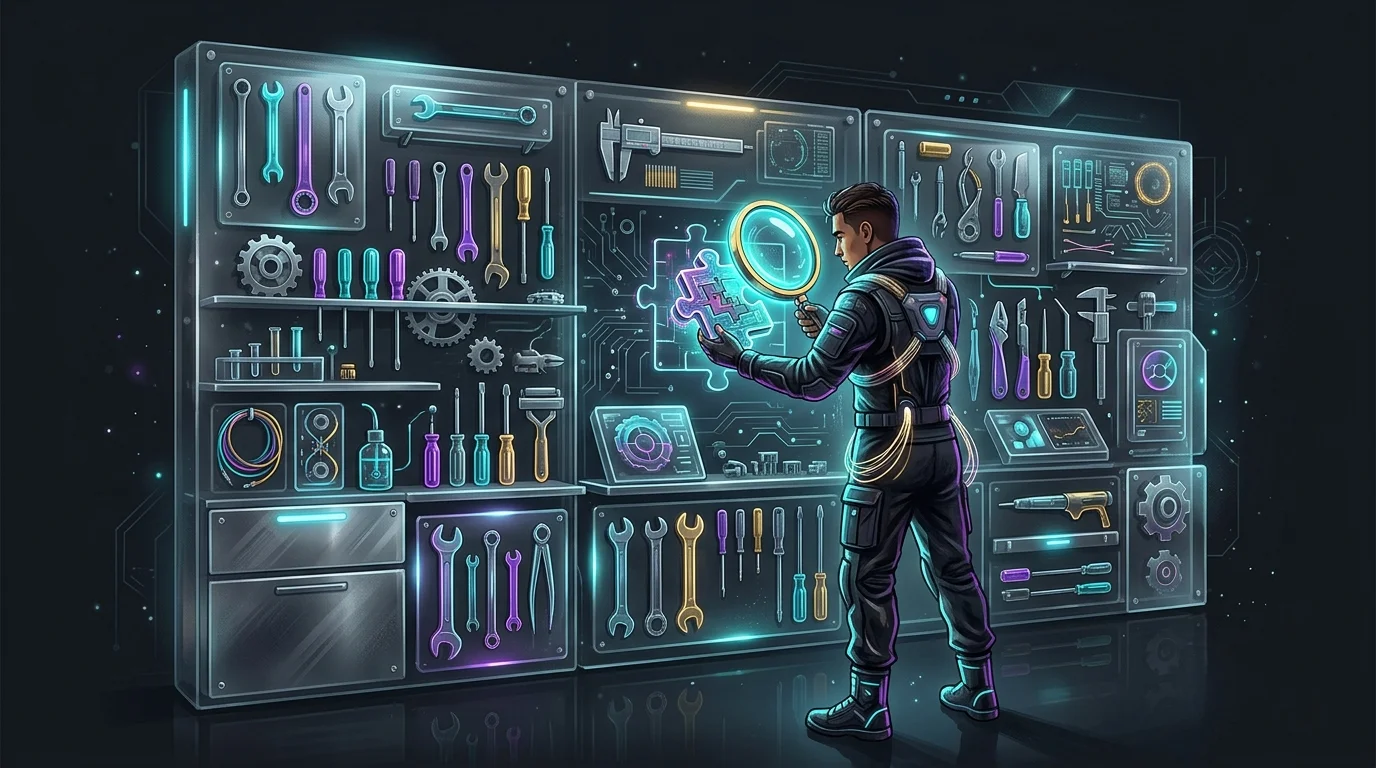 Person holding a magnifying glass to a puzzle piece while selecting the right AI sleep tracker from a wall of tools.