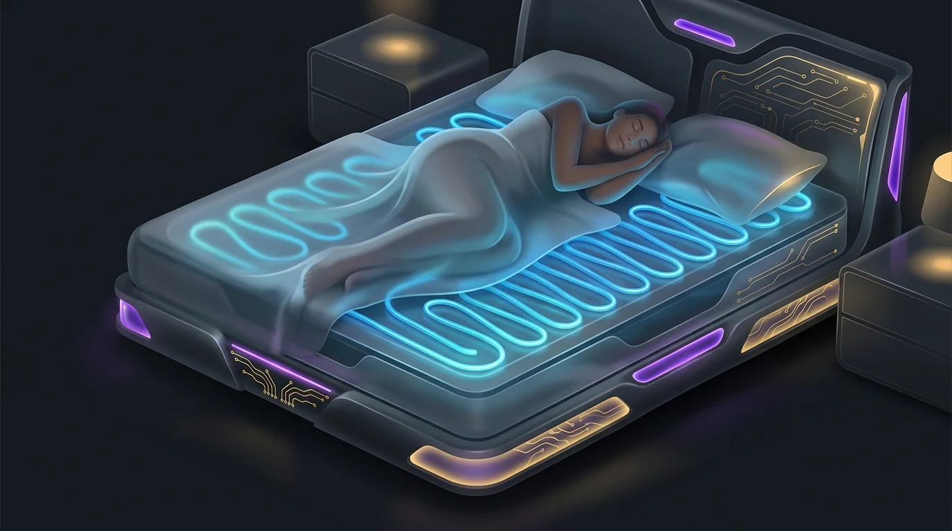 Eight Sleep mattress cover using blue water coils to regulate temperature for deeper AI-optimized rest.