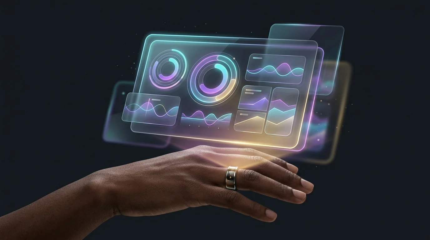 Oura Ring tracking heart rate and sleep stages via a glowing biometric interface for optimized sleep recovery.