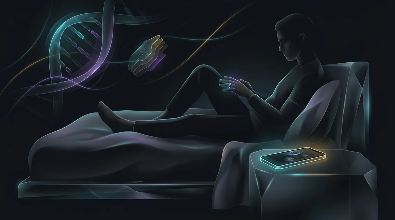 Person wearing a sleek sleep tracking ring on a bed with a smartphone for AI sleep app monitoring.