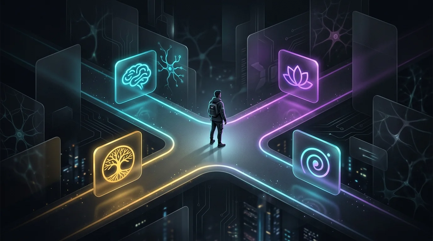 Person at a four-way crossroads choosing between AI apps for anxiety to match their mental health needs.