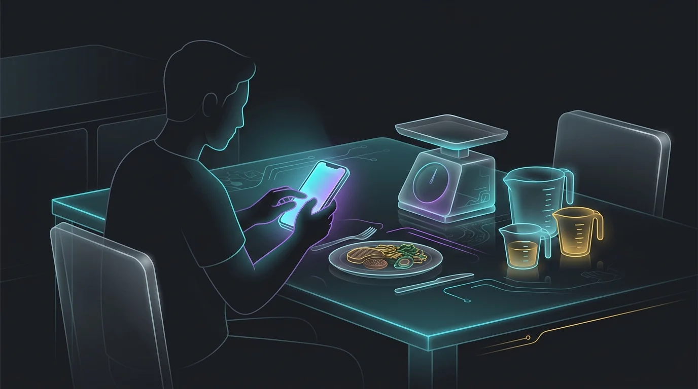 Person logging food data into an AI nutrition app on a smartphone to ensure accurate weight loss tracking.