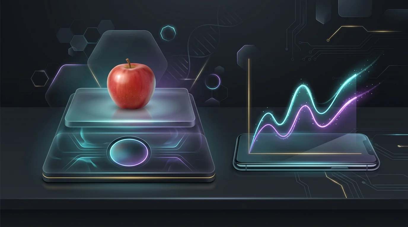 Smartphone displaying an AI weight loss app graph next to a kitchen scale for tracking daily energy expenditure.