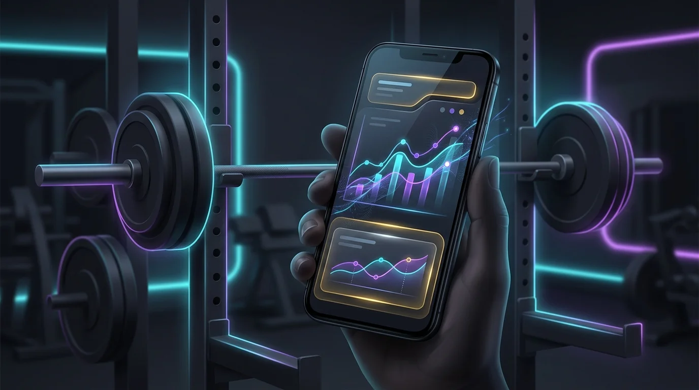Smartphone displaying a progressive overload weightlifting graph in a gym, highlighting a free AI fitness app feature.