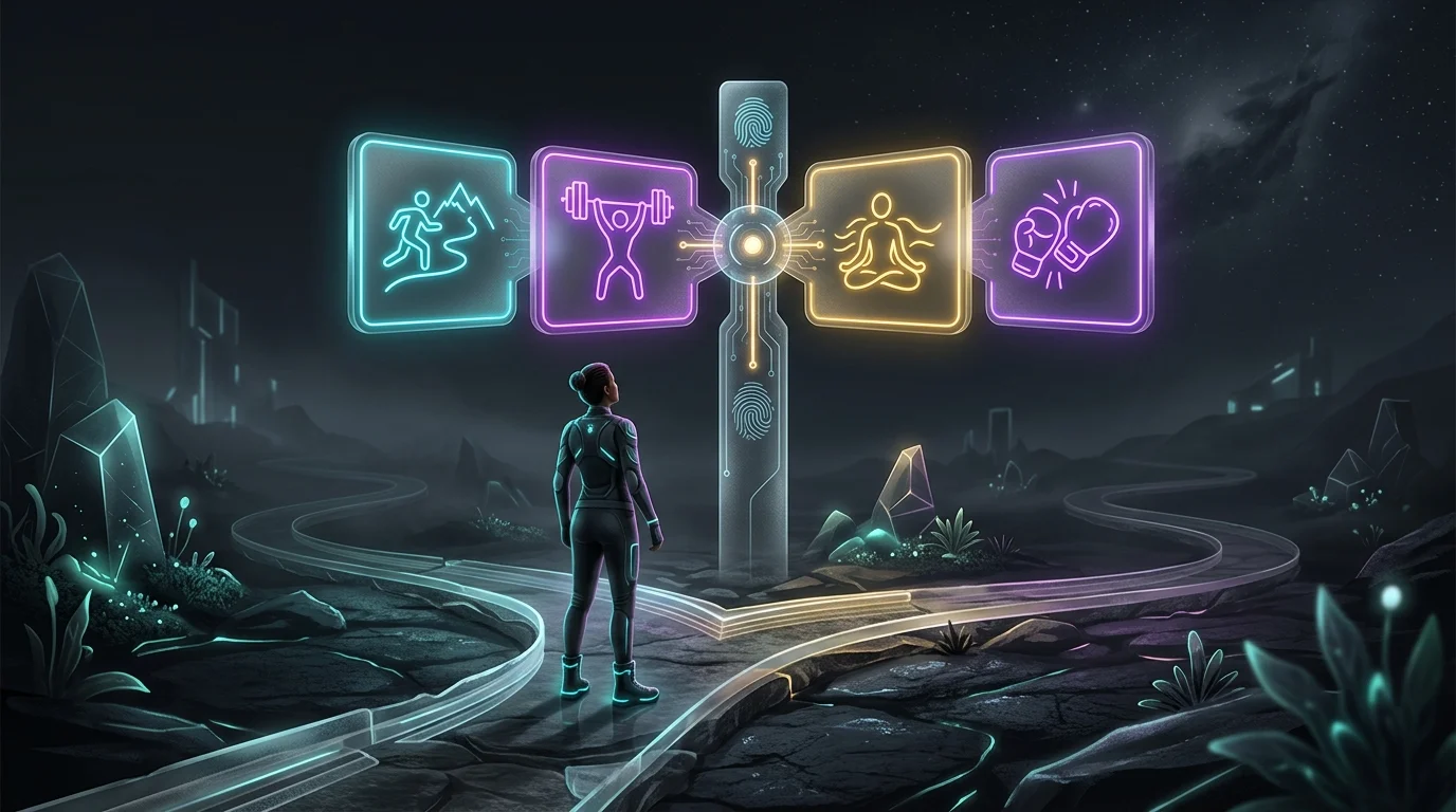 Person at a crossroads choosing between four free AI fitness app features on signposts.