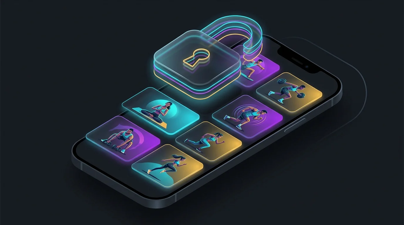 Smartphone screen showing diverse Nike Training Club workouts with an unlocked icon for free AI fitness app access.