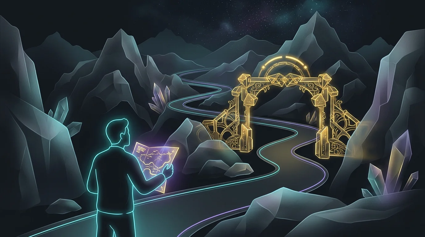 Person holding a map at a gated mountain path, representing the guided structure of free AI fitness app workout plans.