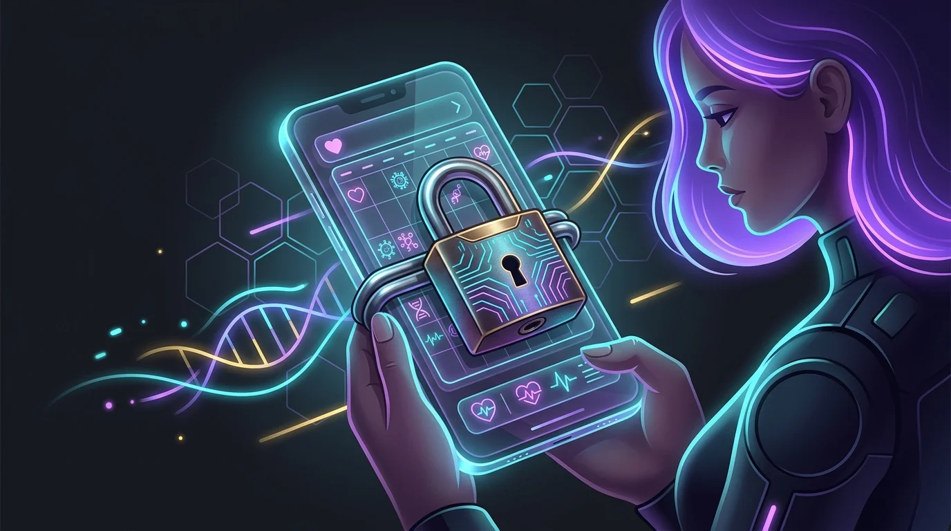 Smartphone screen showing sensitive period data protected by a heavy steel padlock to ensure AI health app privacy.