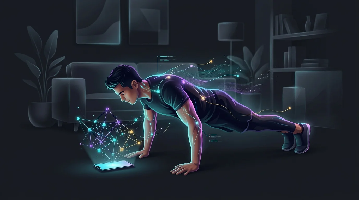 Person doing a push-up in a living room following an AI fitness app training plan on their smartphone.