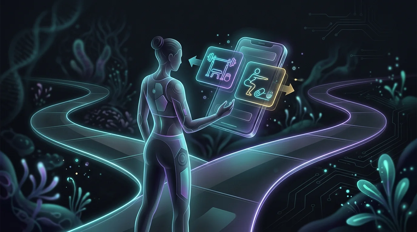Person choosing between gym and home workout modes on an AI fitness app at a path fork.