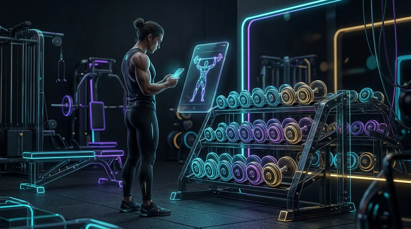 Gym-goer following a structured Planfit workout routine on a smartphone at a commercial gym rack.