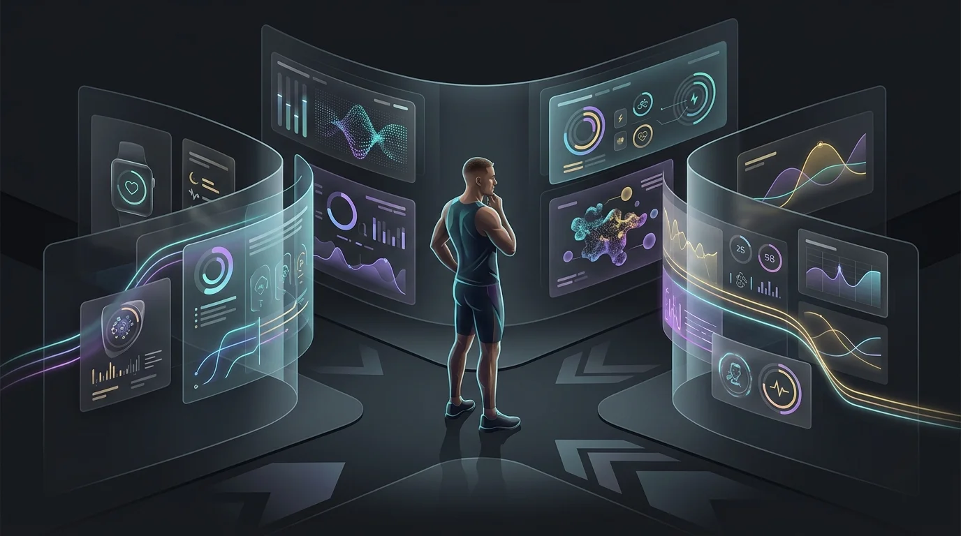 Athlete choosing between various AI recovery app dashboards to optimize their training data.