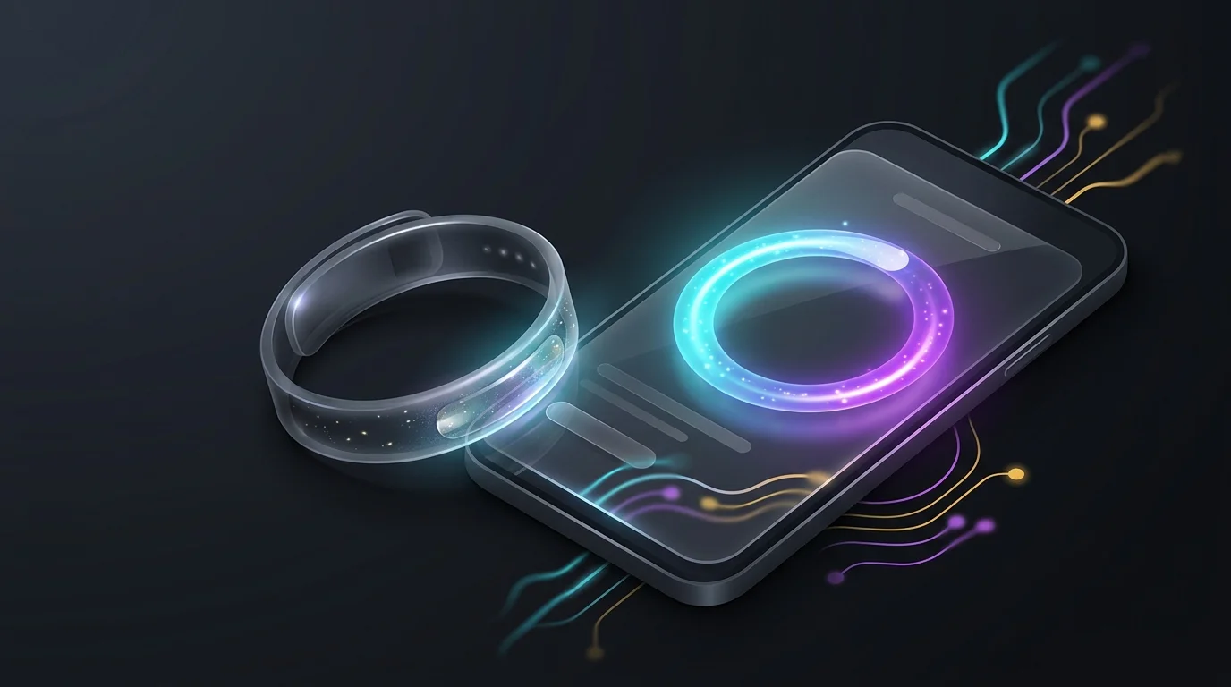 Whoop wearable strap next to a smartphone displaying a daily AI recovery score and strain range.