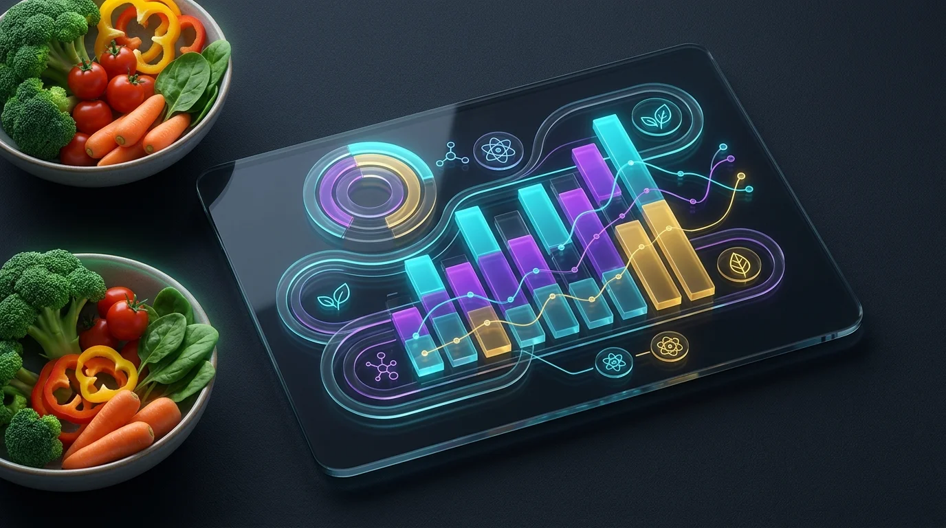 Digital tablet displaying detailed micronutrient bar charts next to fresh vegetables for precise AI macro tracking.