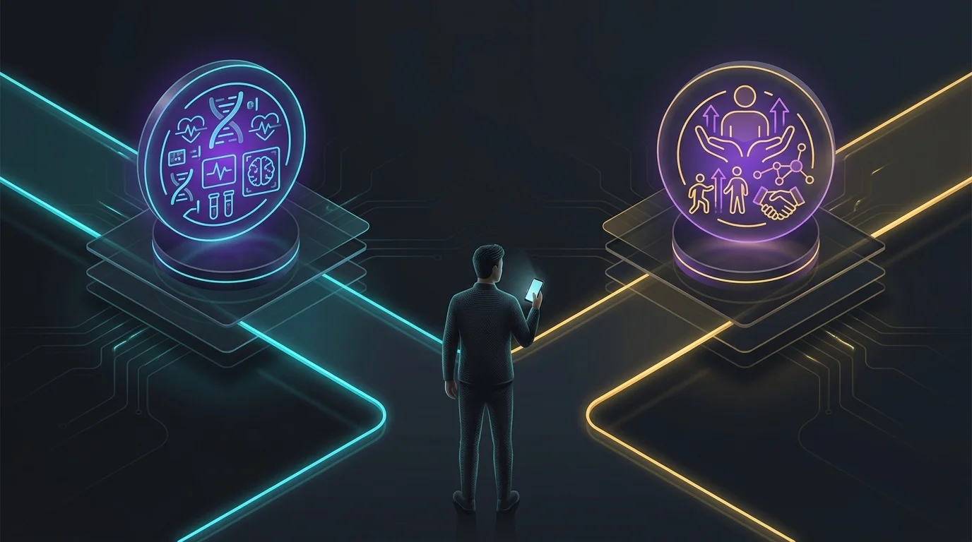 Person at a crossroads choosing between clinical data and coaching in an AI macro tracking app.