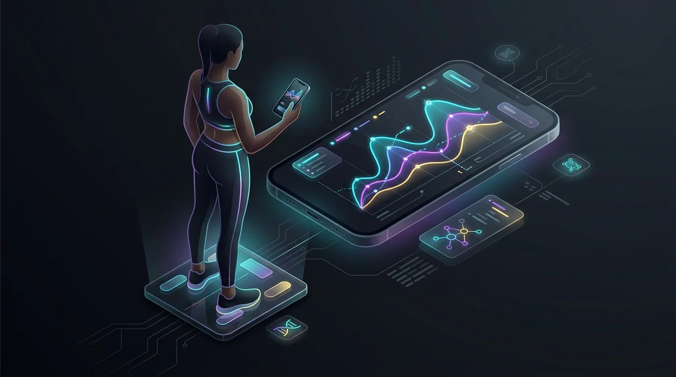 Smartphone displaying a real-time metabolic expenditure graph while a user steps onto a digital scale for macro tracking.