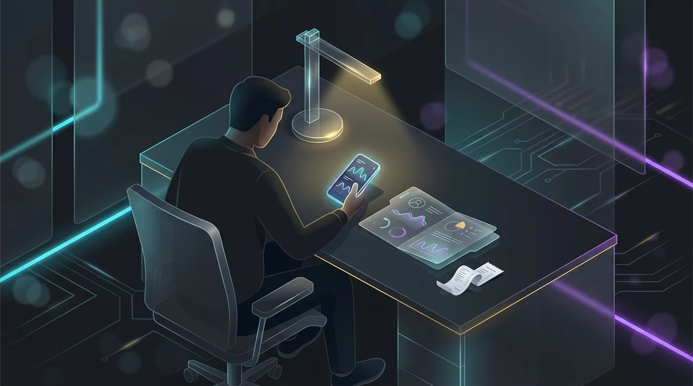 Worker reviewing sleep data on a smartphone while managing shift work health challenges and medical documentation.